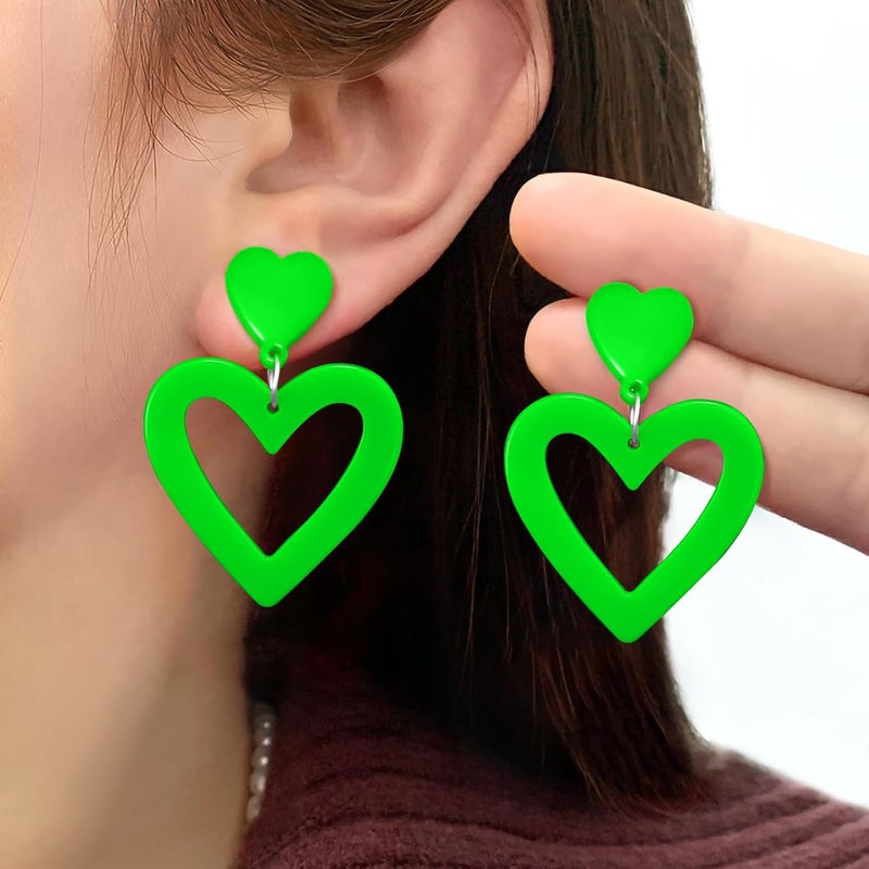 HOLYRY Neon Heart Earrings for Women Acrylic Neon Earrings 80s 90s Outfit for Women Glow Party Accessories Gifts Hot Pink Orange Green Yellow - Image 2